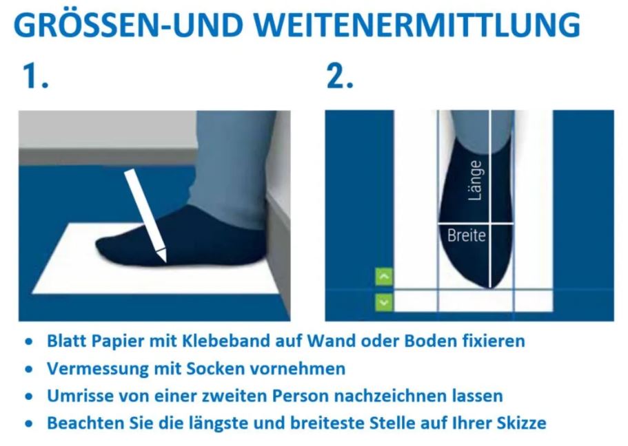 Anleitung zur Größen- und Weitenermittlung: 1- Blatt Papier mit Klebeband auf Wand oder Boden fixieren 2- Vermessung mit Socken vornehmen 3- Umrisse von einer zweiten Person nachzeichnen lassen 4- Beachten Sie die längste und breiteste Stelle auf Ihrer Skizze